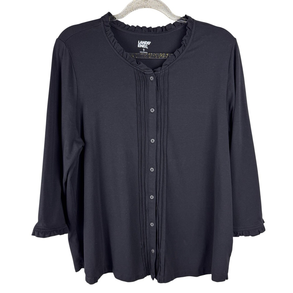 Lands End Button Down 3/4 Sleeve Jersey Ruffle Neck‎ Pintuck Top Sz XL Black